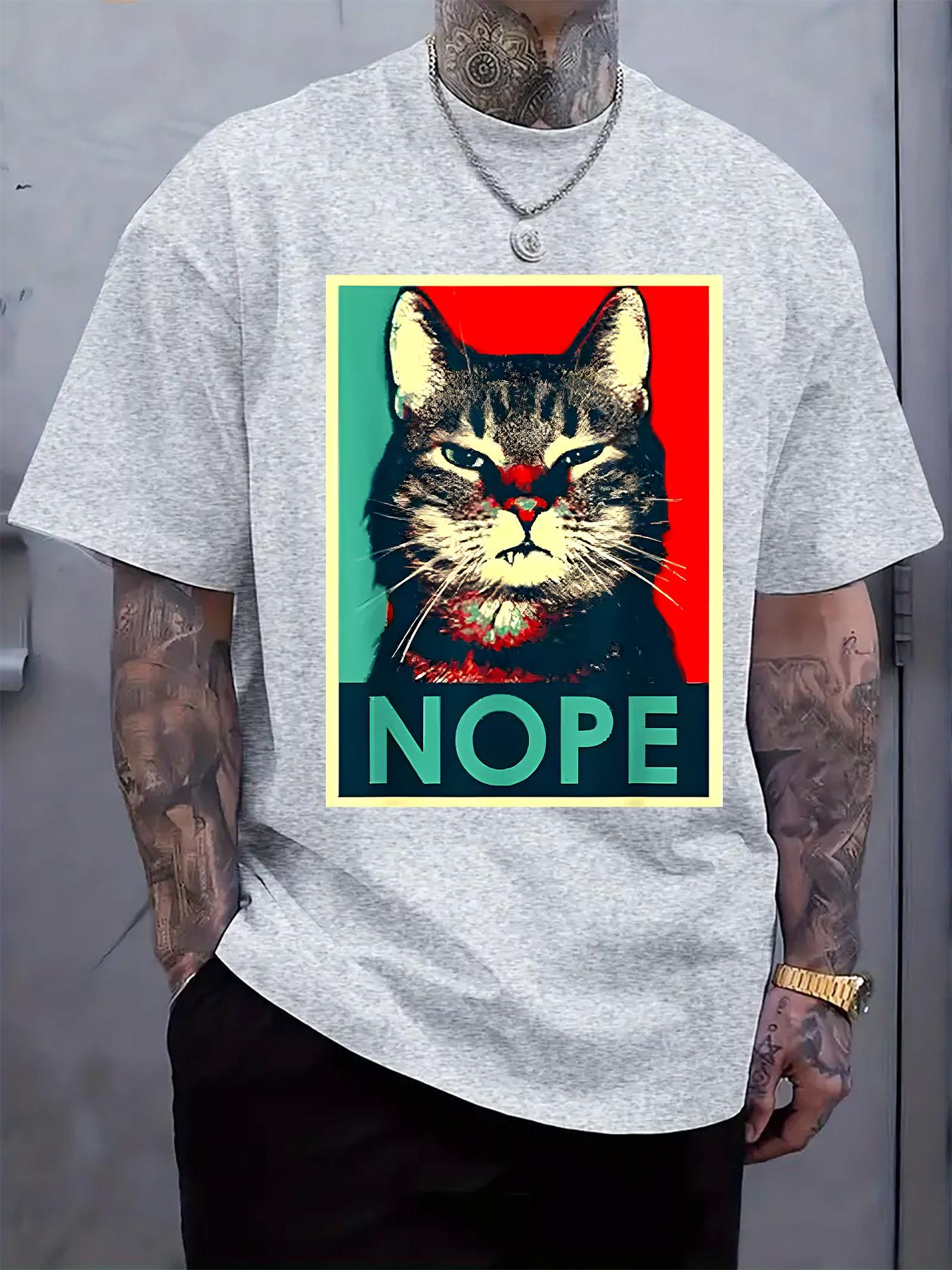 NOPE Graphic Tee - Casual Crew Neck Short Sleeve T-shirt with Angry Cat Design S