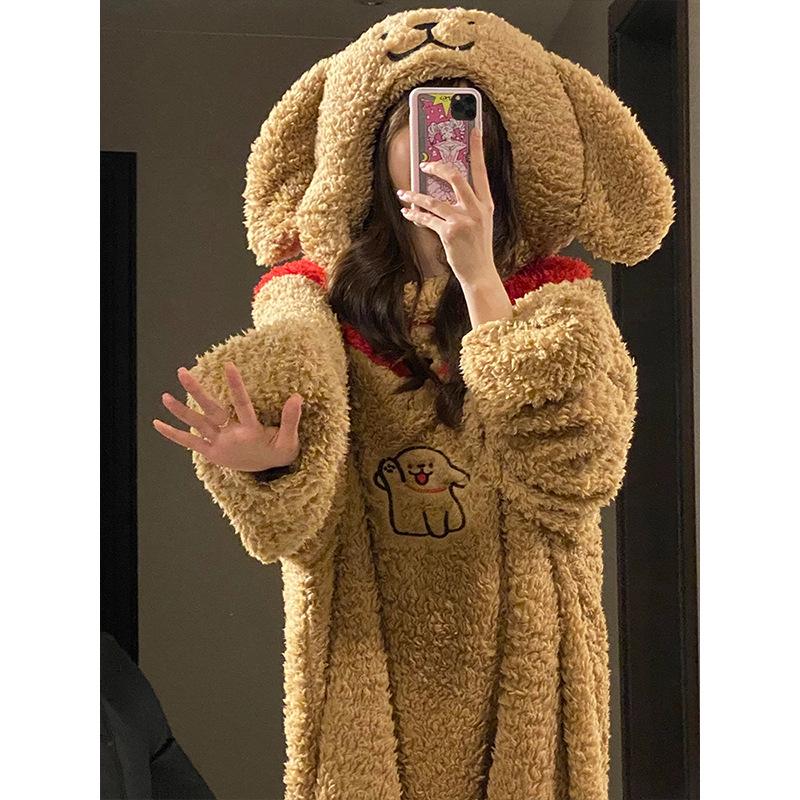 2025 Cartoon Puppy Fleece One-Piece Pajamas for Women - Thick, Warm Winter Homewear