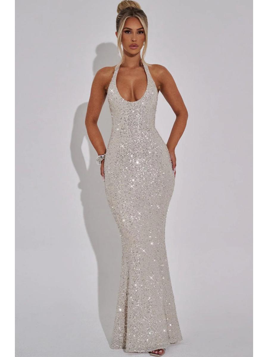 

Женское облегающее платье халтер без рукавов 2024 с дизайном, подчеркивающим талию - Сексуальное однотонное для осени/зимы S серебряный