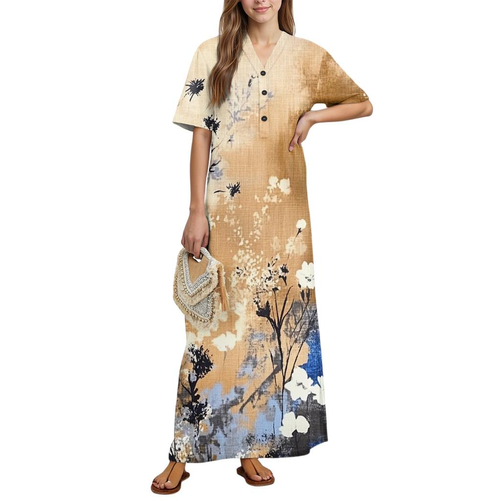 Women's Fashion Printed Nightgown Home Clothes Short Sleeve Nightgown With Pockets Long Dress