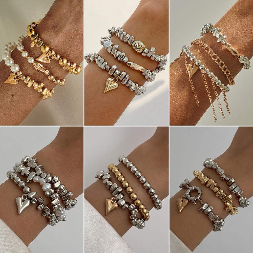 Sweet And Cool Wind Love Heart Pendant Bracelet, Irregular Design Ccb Beaded Elastic Bracelet.