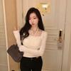 Thin Long Sleeve T-shirt Solid Color Lace Up T-shirt Soft Sweet Slim Tops  Women