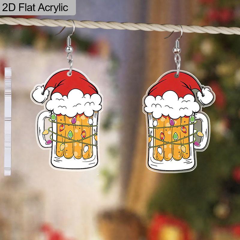 2D Flat Acrylic Christmas Hat Beer Mug Pendant Earrings Women's New Year Jewelry Holiday Party Accessories