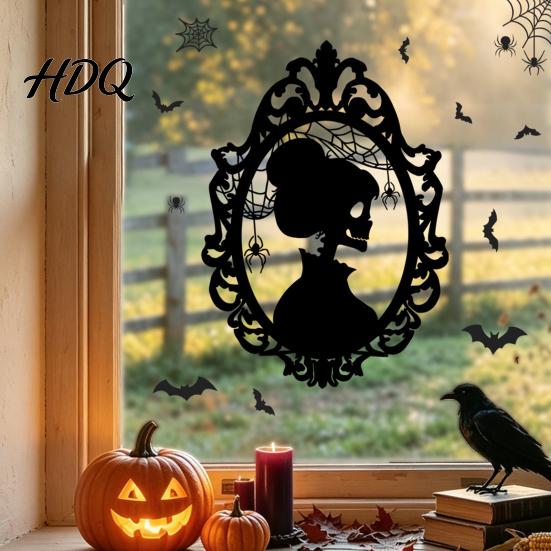 Reusable Festival Decor Halloween Static Window Clings Skeleton Witch Pumpkin Bat Silhouette Glass Stickers Outdoor Murals Removable Decals