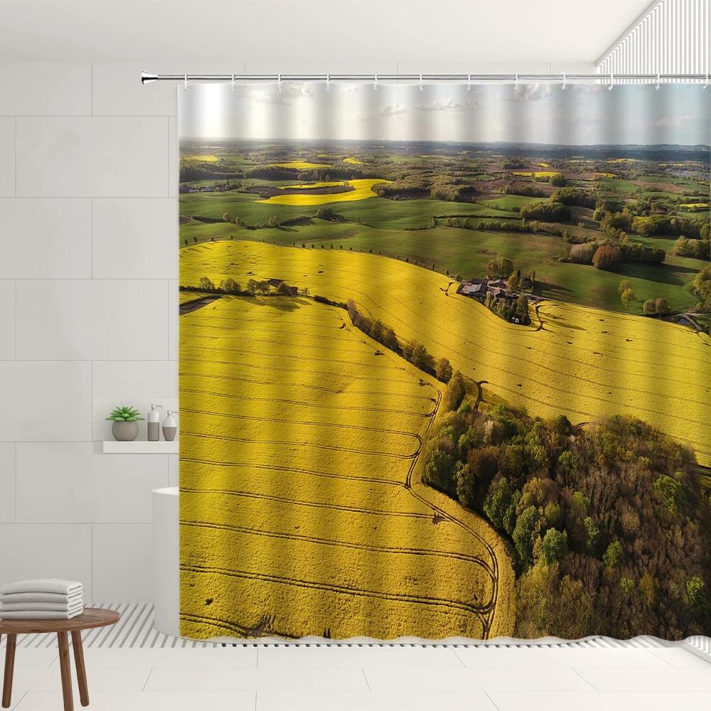 Farm Scenery Shower Curtain Set Retro Vintage Wooden Farmhouse Straw Stack Cute Sheep Bathroom Screen Garden Decor Wall Covering