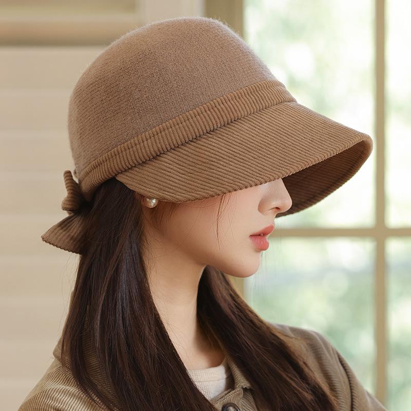 Autumn and Winter Hat Women's Big Brim Showing Face Small Bucket Hat Retro Versatile Yarmulke Hat Bow Basin Hat