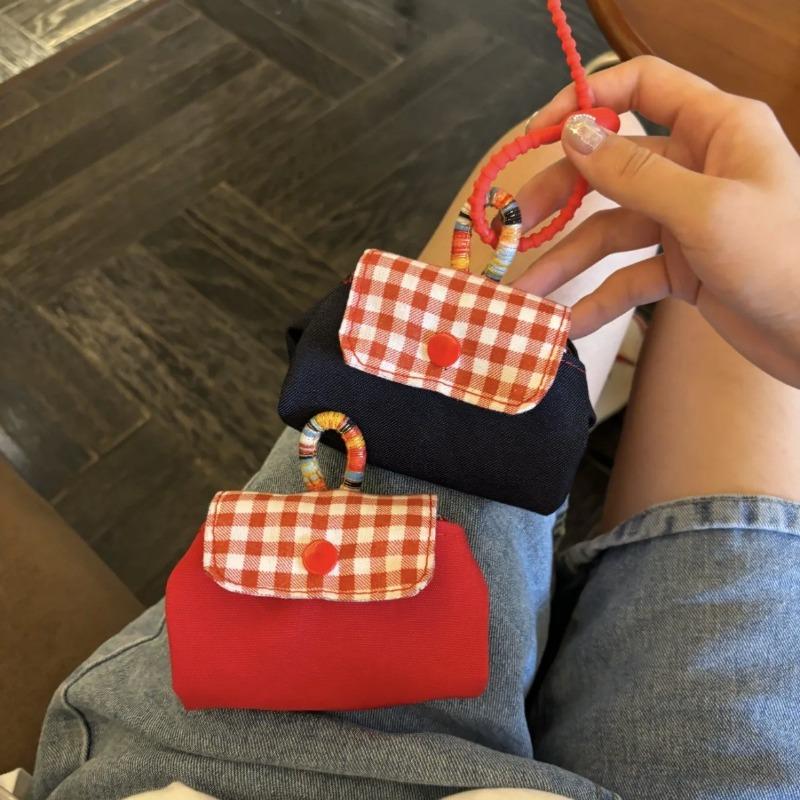 Red checkered small bag cute and exquisite headphone bag denim canvas can be hung on the bag small bag portable pendant