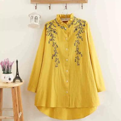 Spring New Style Retro Cotton and Linen Embroidered Women's Tops Large Size Lace Stand Collar Shirt for Women