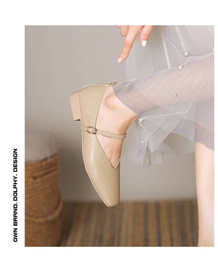 2023 Retro Low-Heeled Mary Jane Shoes: Square Toe, Soft Leather, Shallow-Mouth with Buckle Design for Women