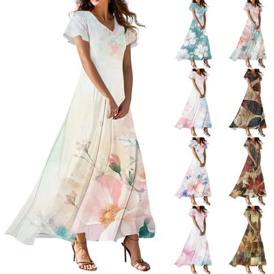 Damen Sommer Freizeitmode Kleid mit Blumendruck V-Ausschnitt Kurzarmkleid