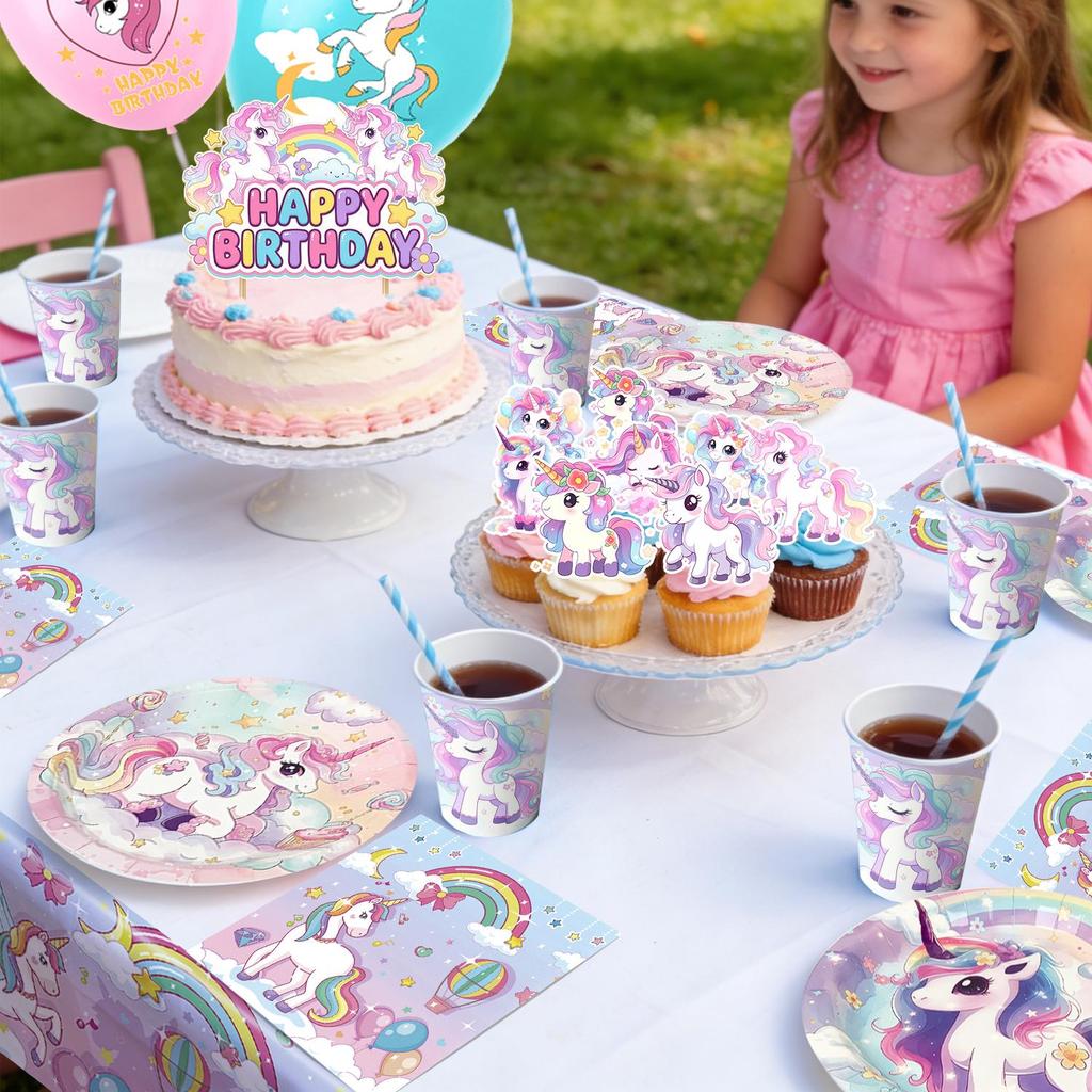 98 pièces Décorations d'Anniversaire Licorne, Ensemble Vaisselle Décorations de Fête d'Anniversaire Licorne - Assiettes de Fête Licorne Nappe Serviettes Ballons Toppers de Gâteau etc