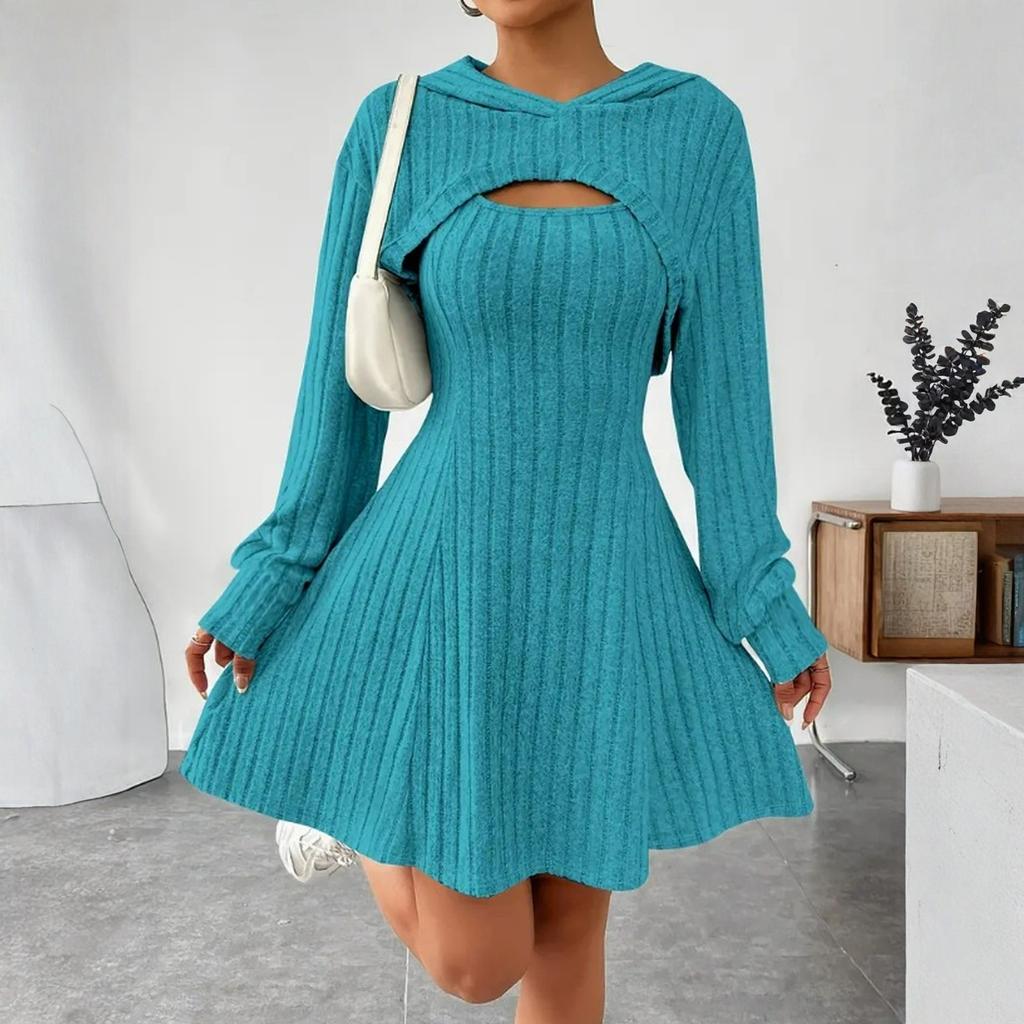 Women's Fashionable Casual Solid-color Long-sleeved Hooded Short Top + Sleeveless Dress Set