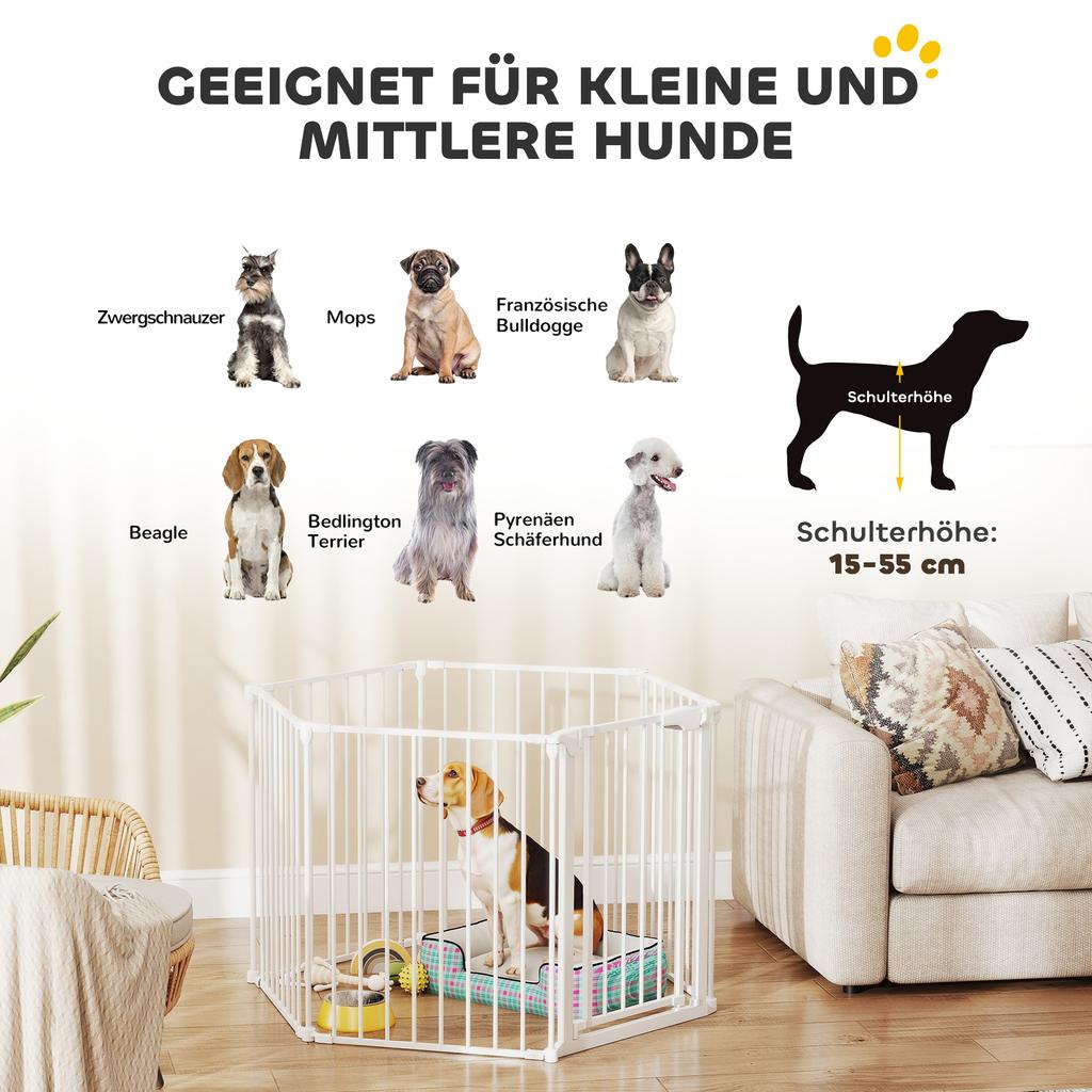 Pet Fence, 6-Panel Barrier with Door, Foldable, for Small & Medium-Sized Dogs, Plastic, Carbon Steel, White