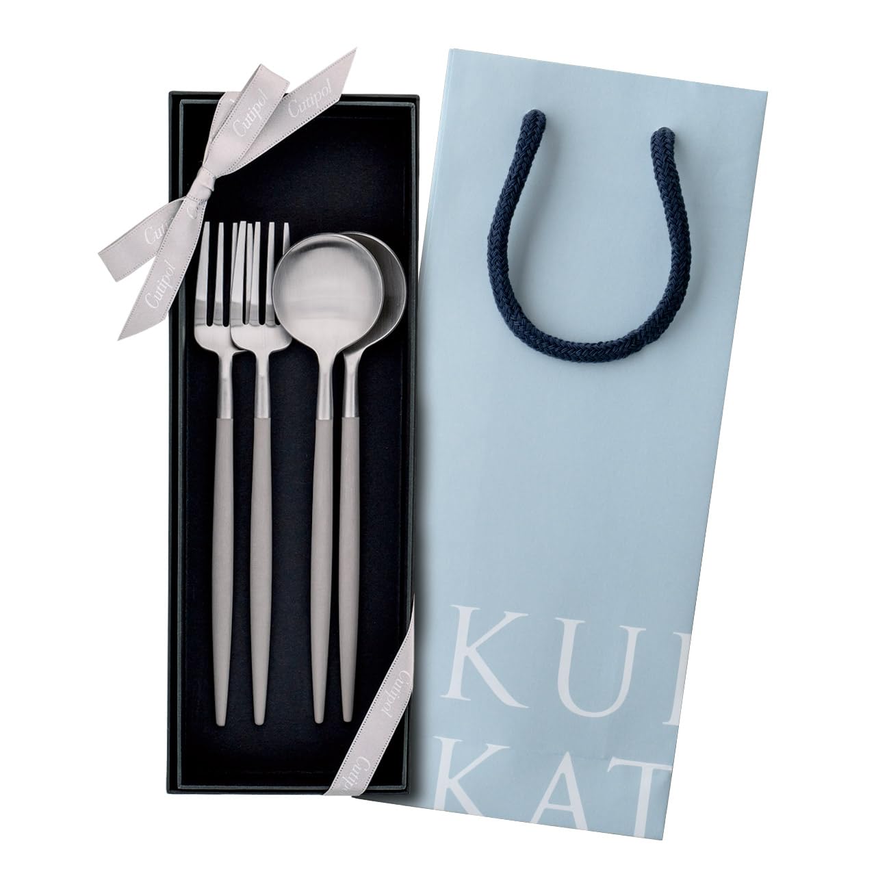 

Genuine Cutipol GOA Warm Silver Dessert forks and 2 gift set in presentation box with genuine ribbon and carrying perfect as a wedding gift Gray/Matte
