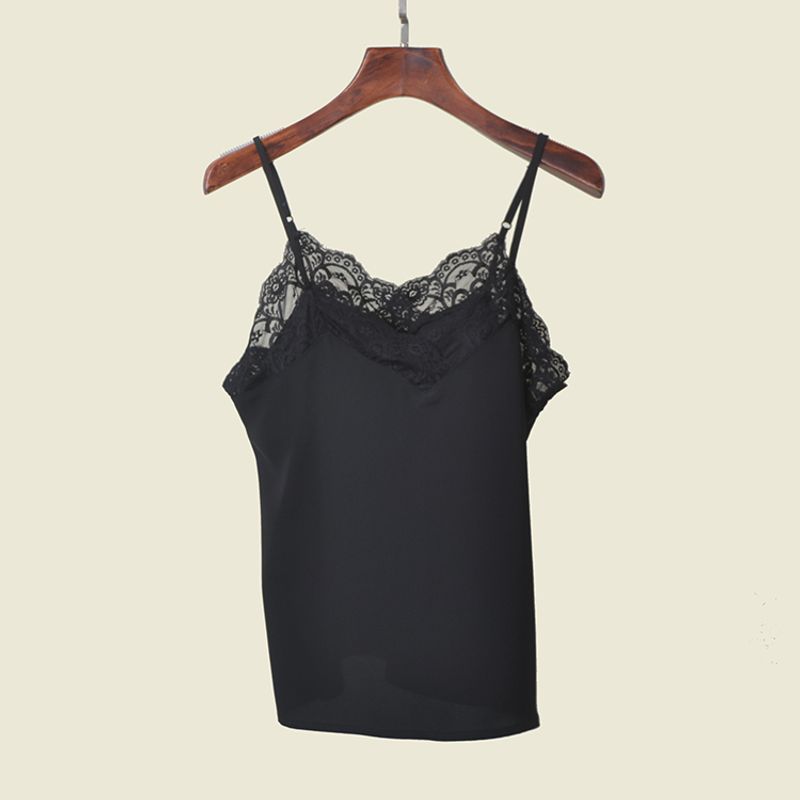 Silky Satin Lace Patchwork Camisole Summer Sexy Inner Wear Pure Color Mint Green V Neck Vest