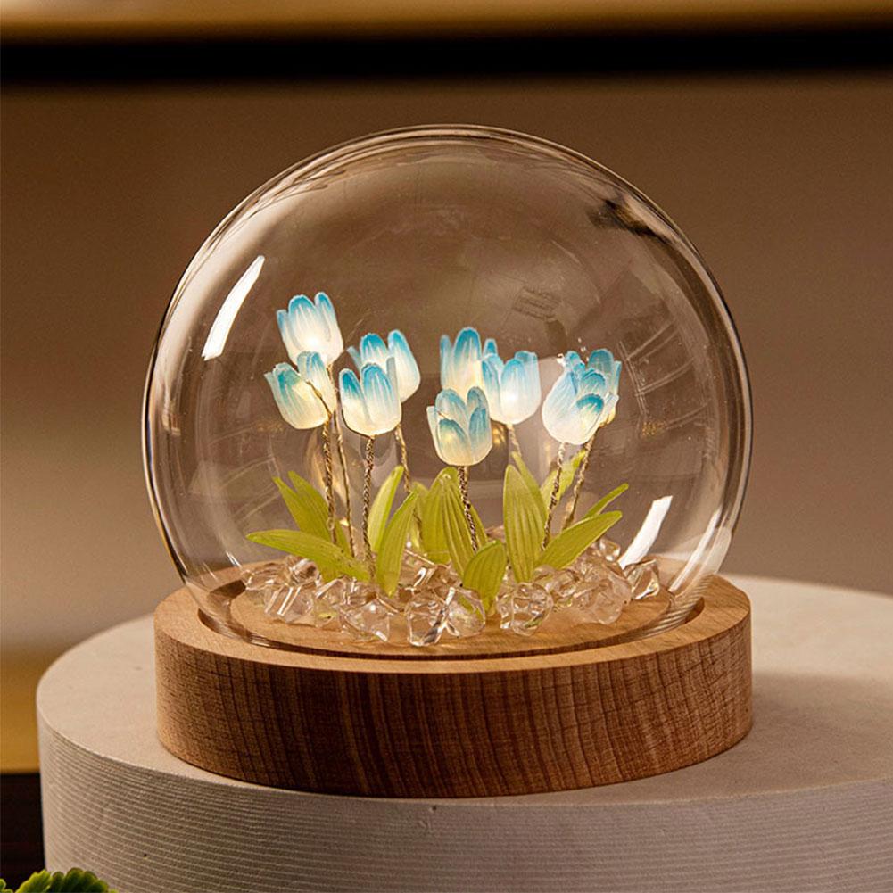 Tulip Flower Night Light With Glass Cover Handmade DIY Bedside Light LED Night Lamp Table Desk Lamp Bedroom Decor USB Mood Light