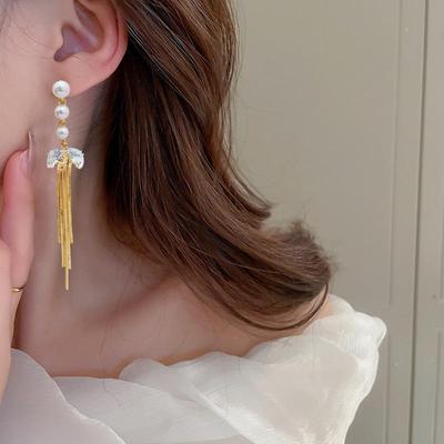 Elegant 2023 Geometric Zircon Pearl Tassel Earrings – Versatile, Fashionable Fairy Style for Women
