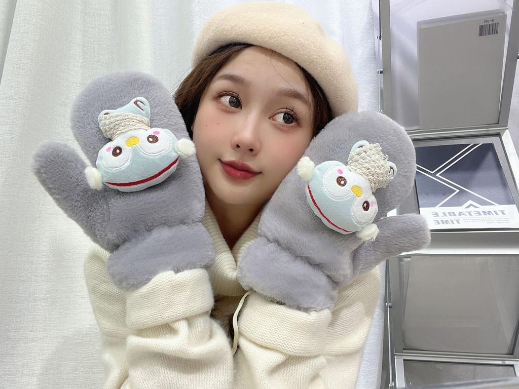 Winter outdoor cold-proof plush thickened warm gloves women's new casual neck cute plush full finger