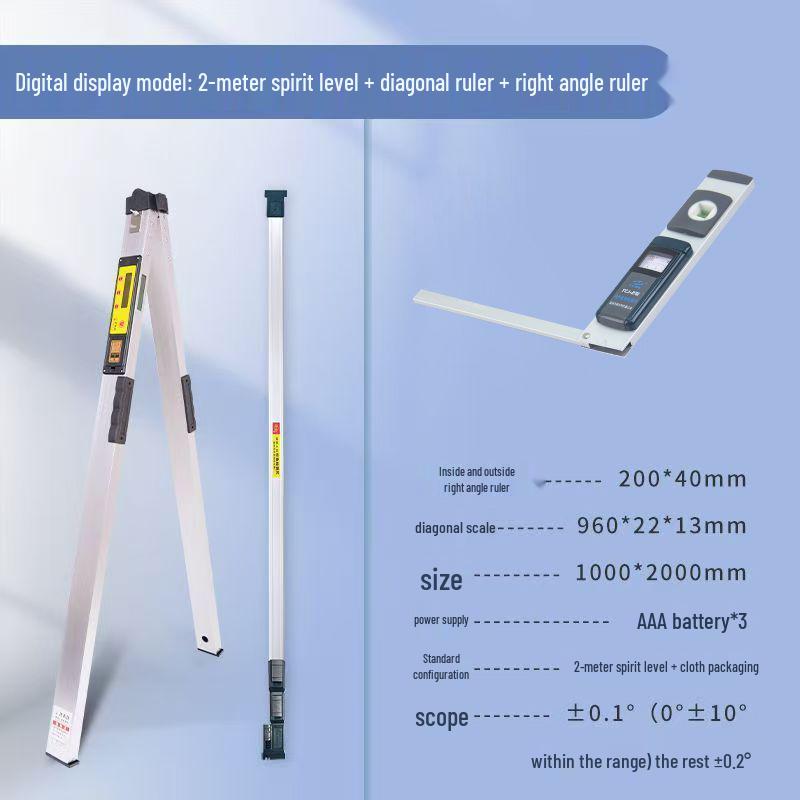 2m Aluminum Alloy Digital Spirit Level - High Precision, Thickened Design for Decoration & House Inspection