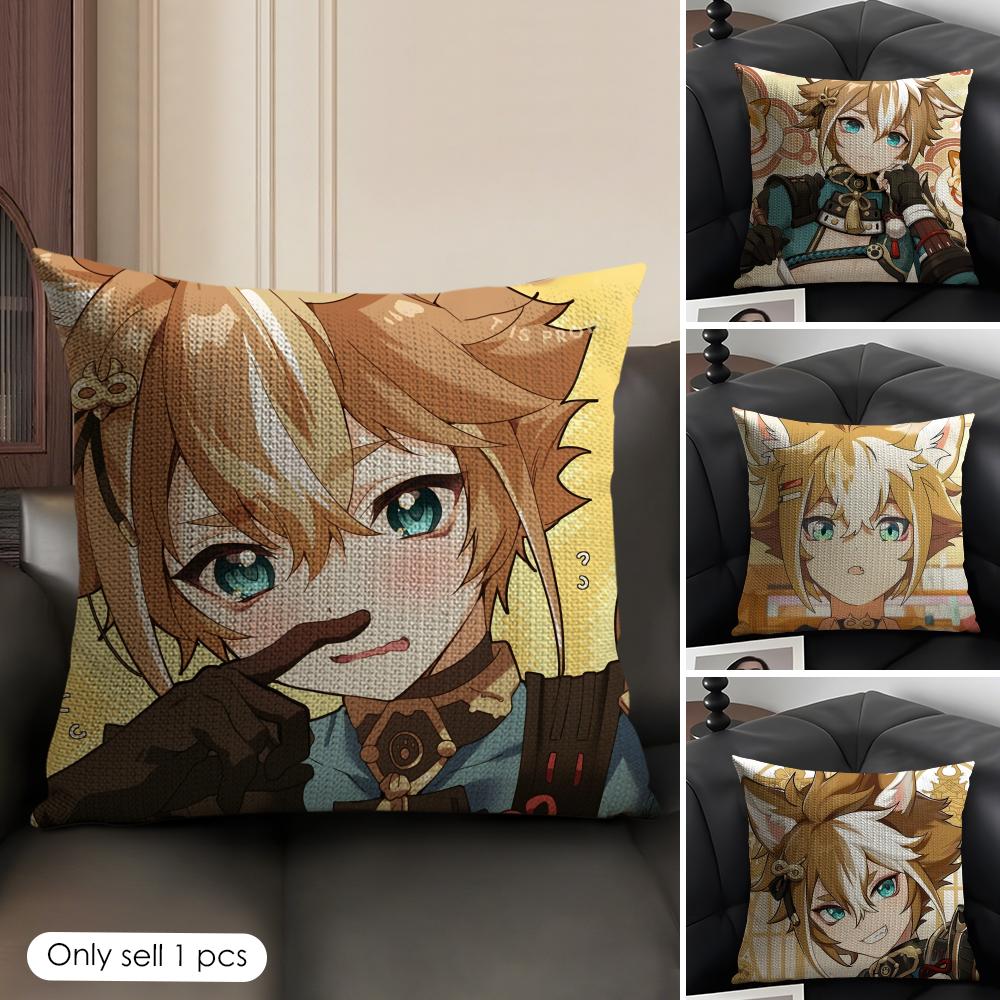 Gorou Genshin Impact Cute Cushion Cover Natural Linen Organic Fabric Double-Sided Printing Sofa Home Decor Gift Pillow Case
