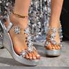 Comemore High-heeled Sandals Women Platform Wedegs Roman Rhinestone Flowers Sandal for Woman Casual Summer Female Shoes
