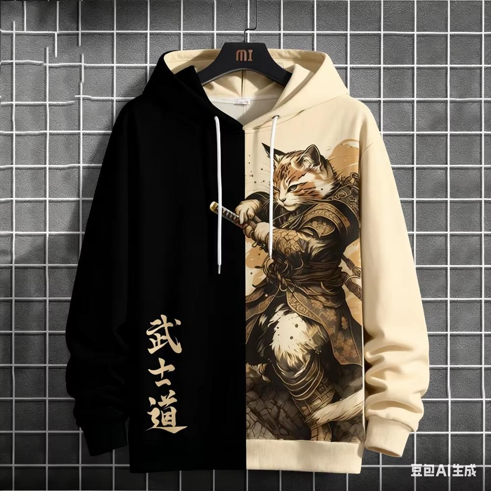 Bushido Sports Men's Hoodie, Funny 3D Samurai Cat Pattern Autumn Winter Casual Loose Streetwear