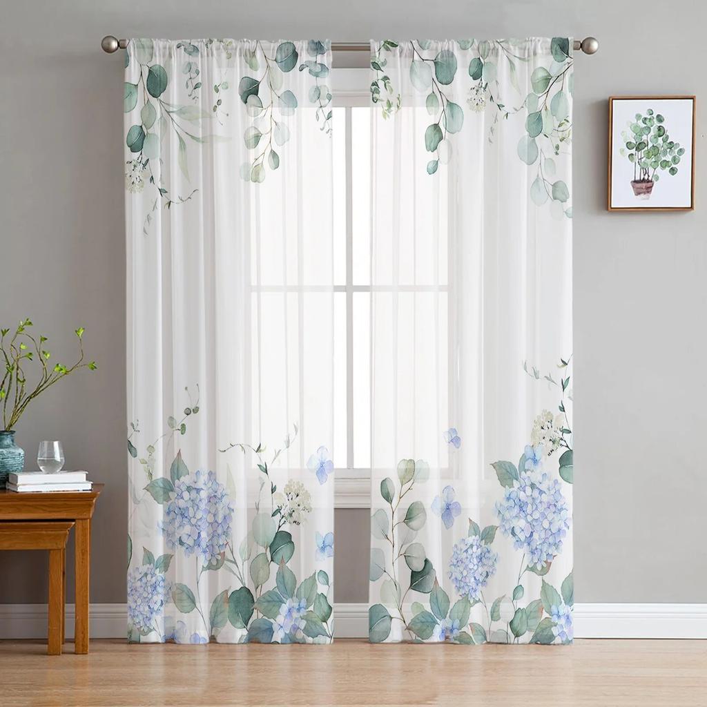 Spring Flowers Hydrangeas Sheer Curtains Transparent Voile Tulle for Bedroom Window Holiday Decoration