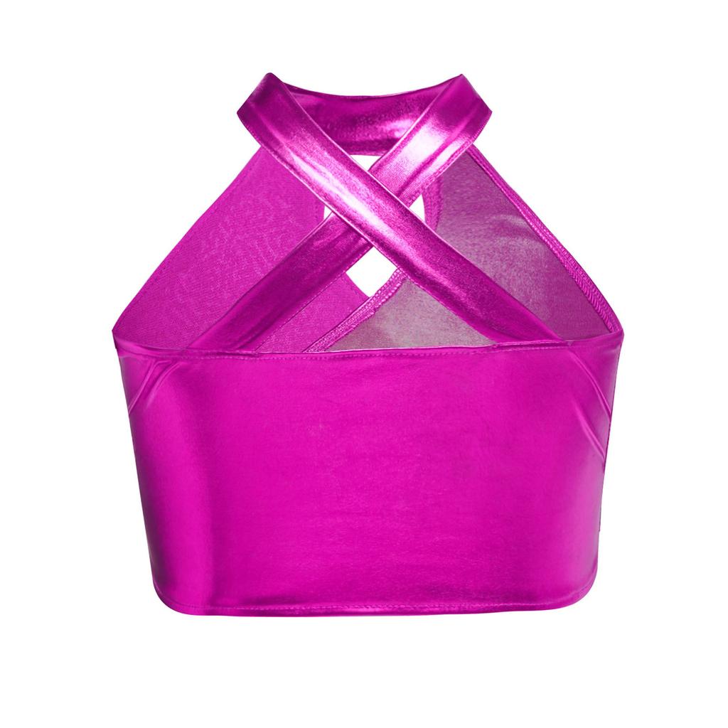 Kids Jazz Dance Wear Sparkly Sequins Metallic Crop Top Cross Keyhole Ballroom Costume