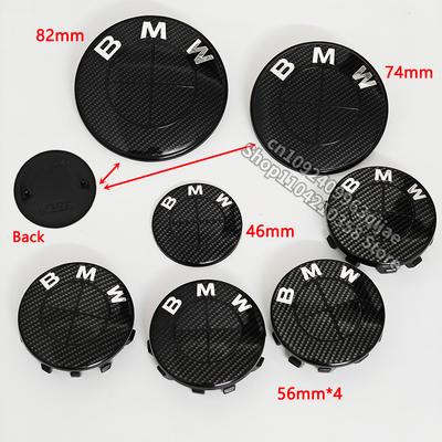 Carbon Fiber Black Logo Front Hood Emblem 82mm+Rear Badge 74mm+Wheel Hub Cap 68mm/56mm+steering Wheel Sticker 45mm for All