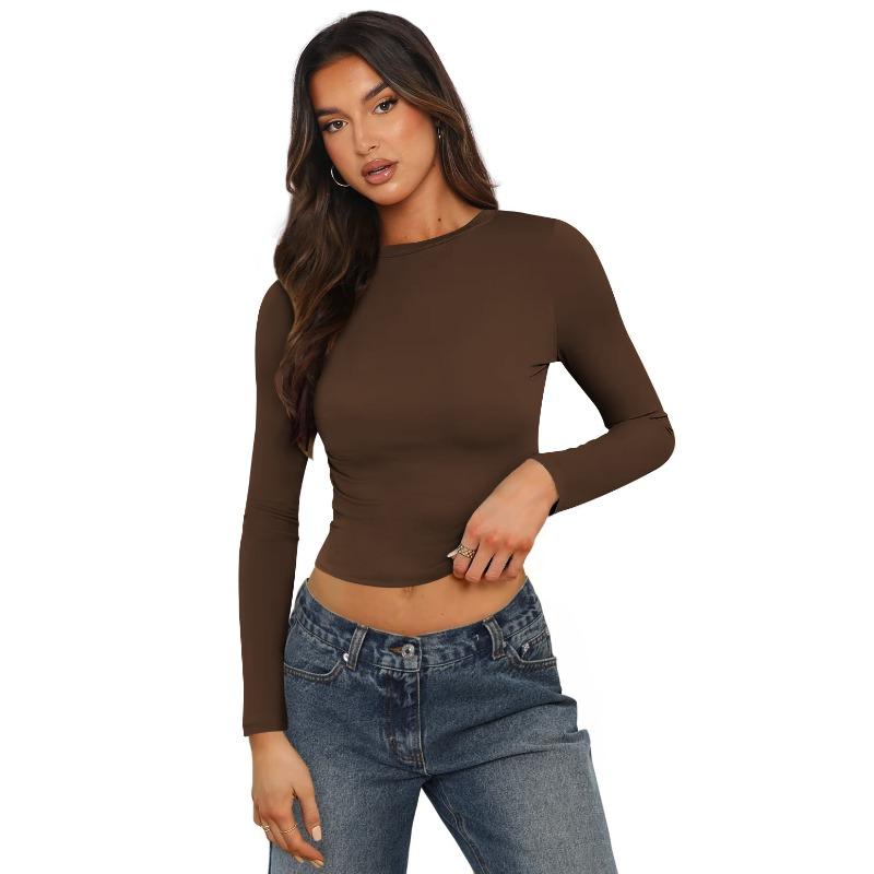 Women's Tight Round Neck Sexy Hottie Nude Single Wear Long Sleeve Top
