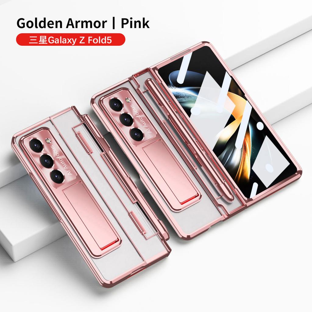 Plating Clear Armor Hinge Case for Samsung Galaxy Z Fold 6 5 4 3 with Touch Pen 360 Full Protector Shockproof Kickstand Cover