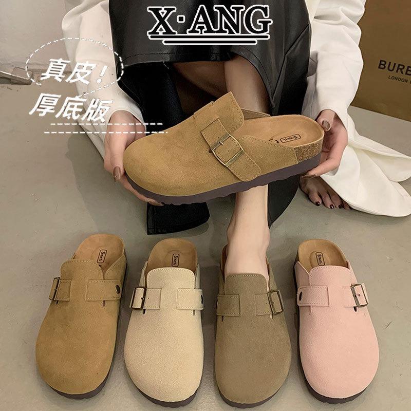 Leather cork bottom children's baotou half slippers outside wear spring and summer new one-pedal lazy shoes