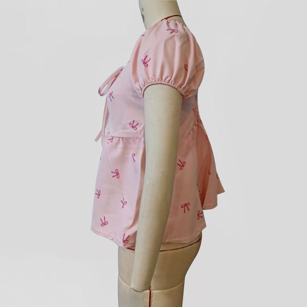 Dam Casual Sommar Topp med Rosettryck Snörning Slimmande Kort Puffärm Kortärmad Skjorta