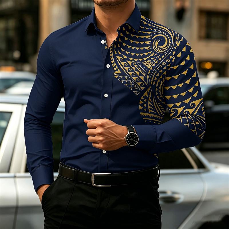 2026 New Men's Long-Sleeve Shirt, Fashionable Pattern Print, Slim Fit, European Size Business Casual Men's Top
