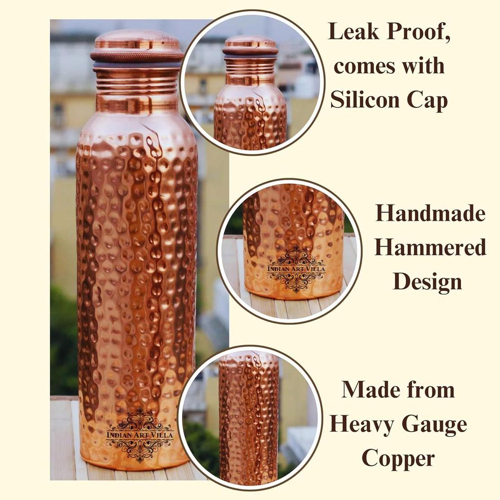 Copper Hammered Design Water Bottle - 600 ML, Ayurvedic Health Benefits, Ideal for Home, Office, Gym, Travel, and Gifting, Pack of 1