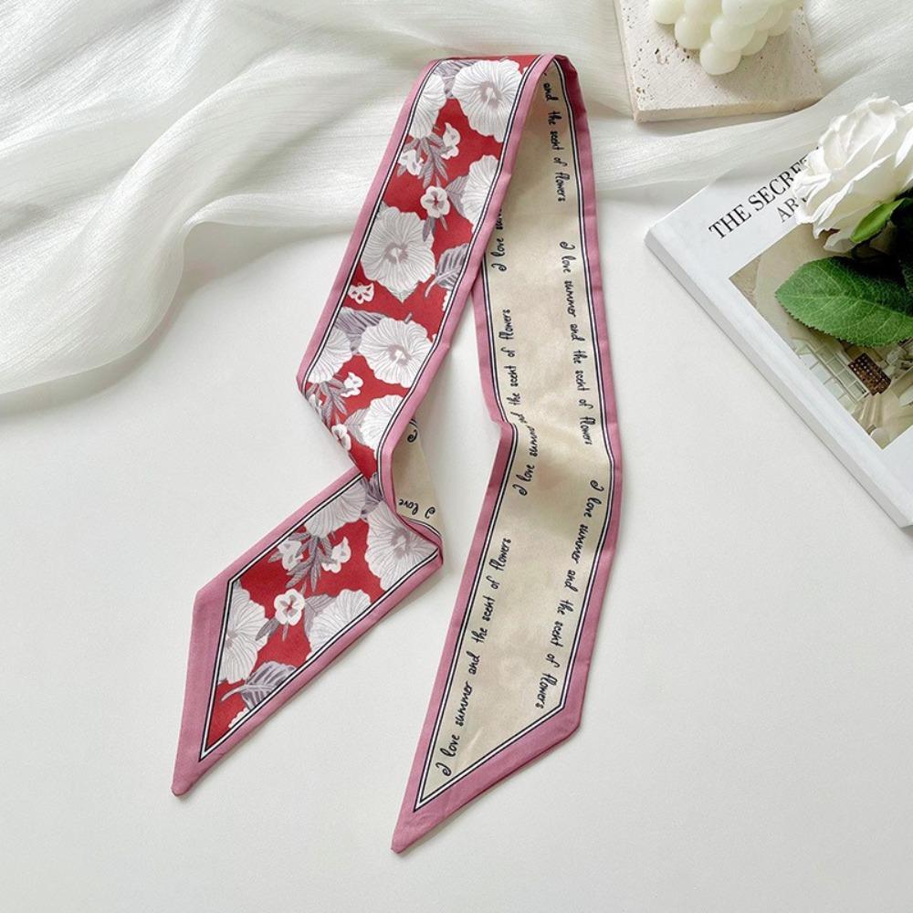 Summer Floral Silk Satin Scarf Long Narrow Thin Tied Hairband Neckerchief Bag Decoration Vacation Headscarf