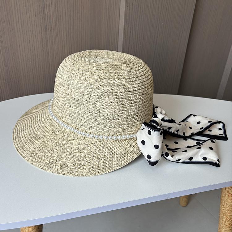 New Dome Duck Tongue Straw Hat Elegant Pearl Polka Dot Streamer Big Edge Beach Hat Seaside Travel Sun Protection Hat