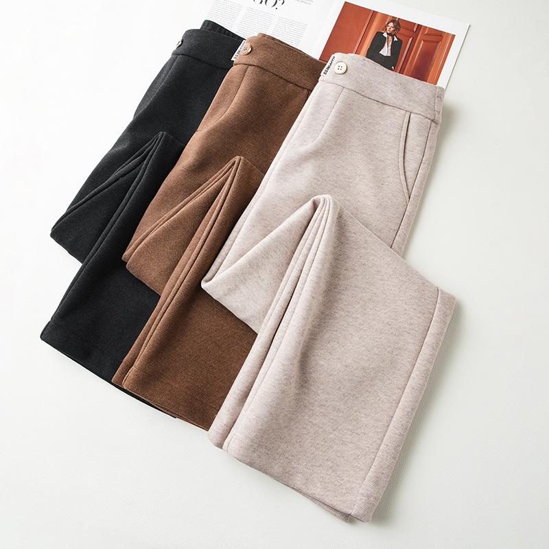 Women's 2024 Khaki Wool Blend Loose Fit Slimming Wide Leg Pants for Autumn and Winter