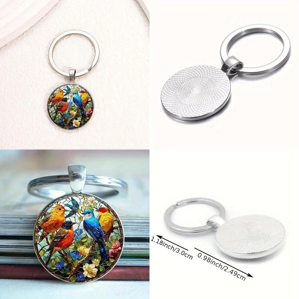 Cute Watercolor Bird Group Glass Keychain With Alloy Attachment For Gift And Accessory