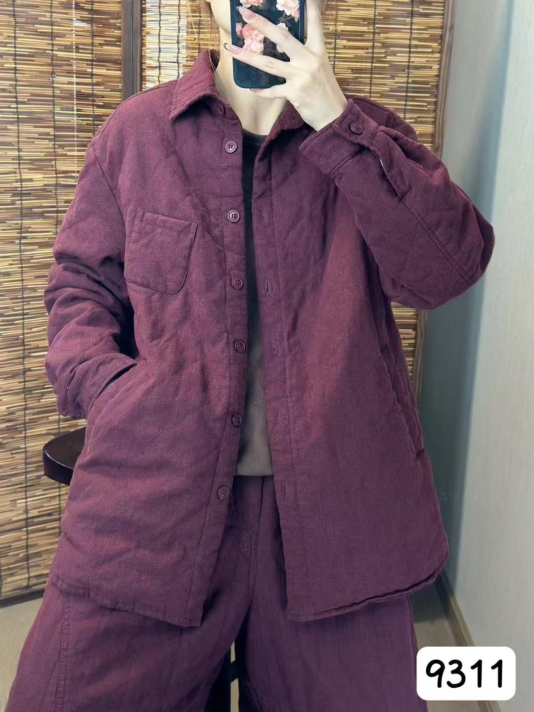 

2025 осень и зима женский новый кардиган на пуговицах с лацканами, свободный, универсальный, для работы, однотонная рубашка, верх из льна и хлопка L бордовый