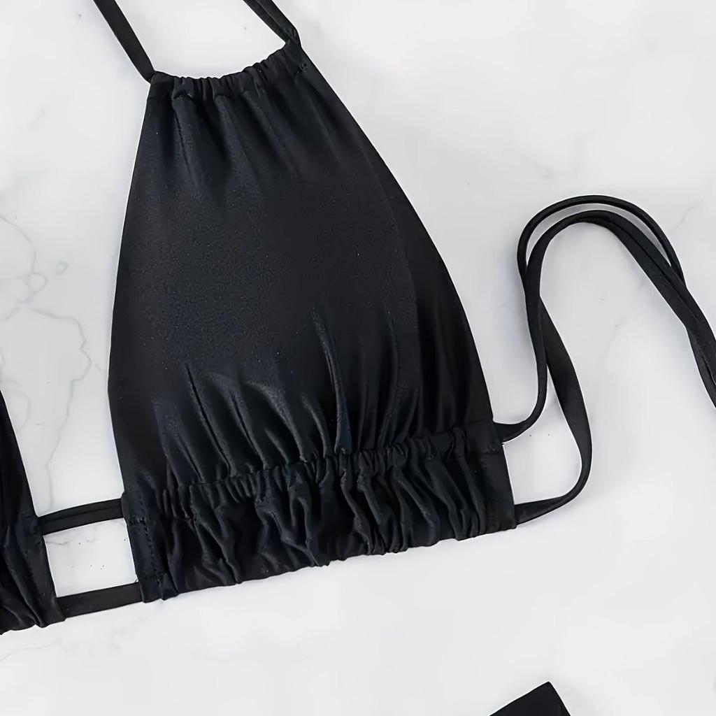 2024 Sexy Black Deep V Backless Strappy Push-up Bikini for Women