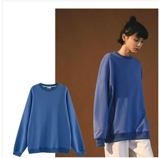 Spring Crew Neck Sweatshirt: Drop Shoulder, Solid Color, Long Sleeve, Logo-Printed Workwear.