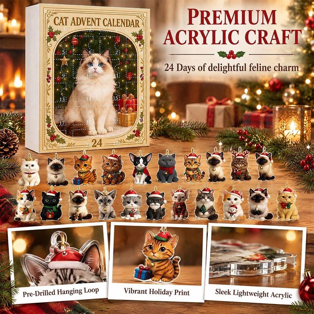 24 Boxes Cat Advent Calendar 2D Acrylic Cat Calendar Holiday Ornament Advent Calendar Men