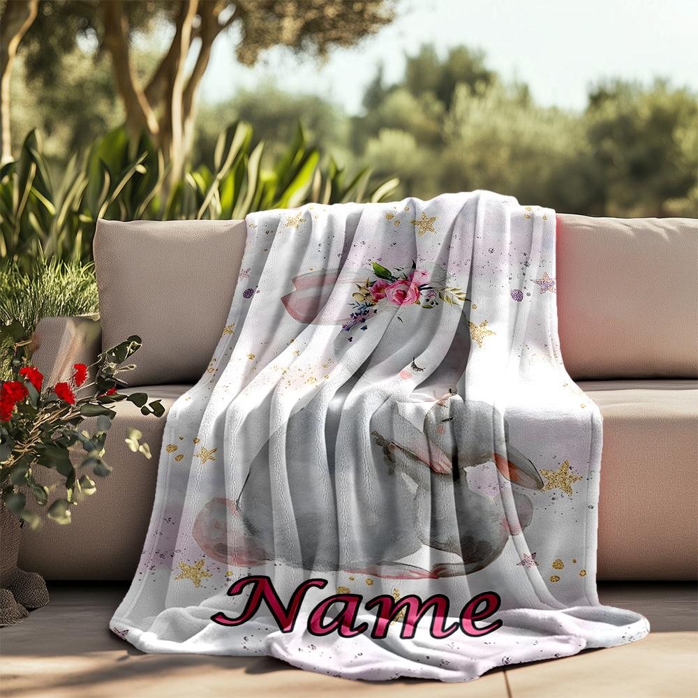 Cute Bunny Embrace Floral Background Design Customizable Outdoor Blanket Customize Text Durable Comfort Throw For Picnics Outdoor Travel And Camping
