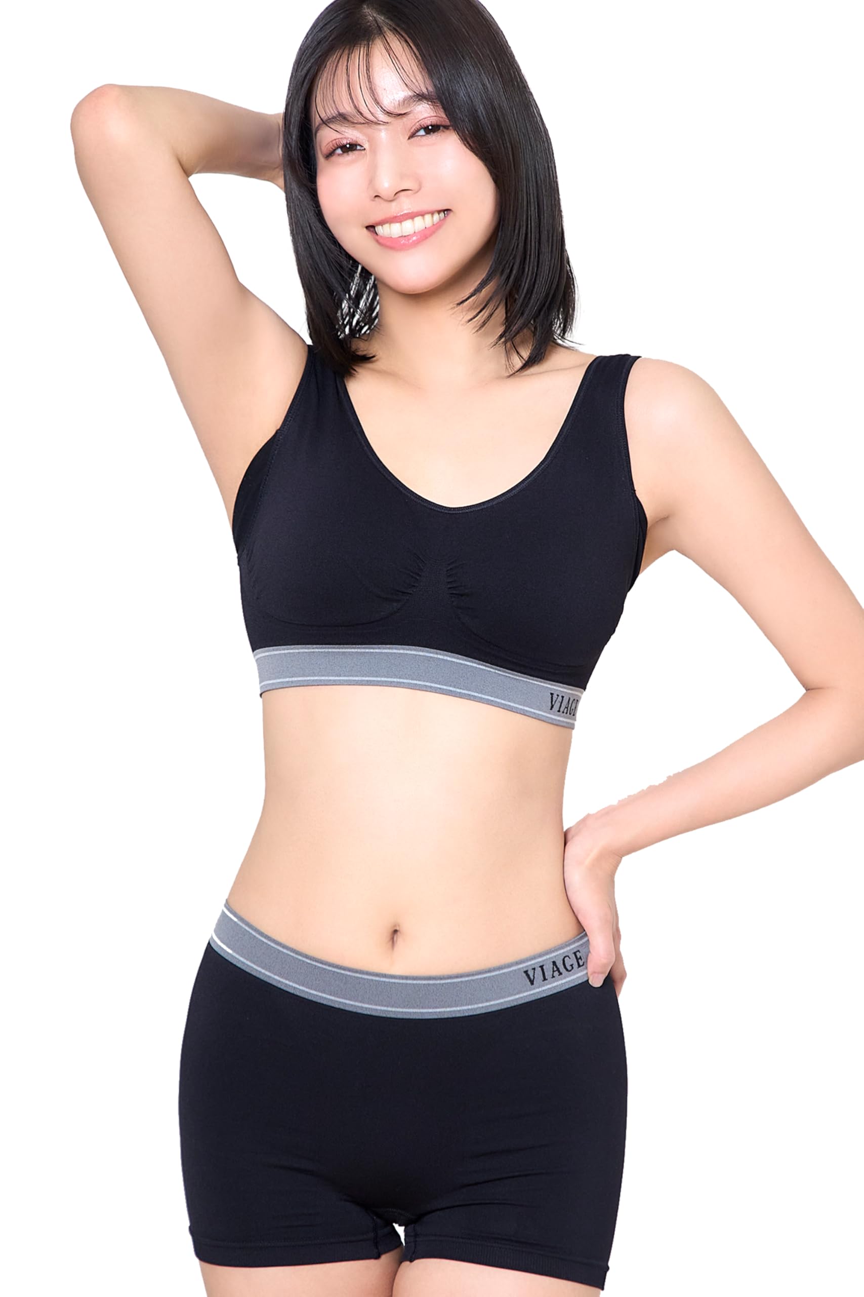

Комплект шорт и бюстгальтера для сна Viage Бюстгальтер [VIAGE] & (Черный Серый, M/Шорты M) Поддержка ягодиц, Компрессионный, Без косточек, Не стесняющий движений