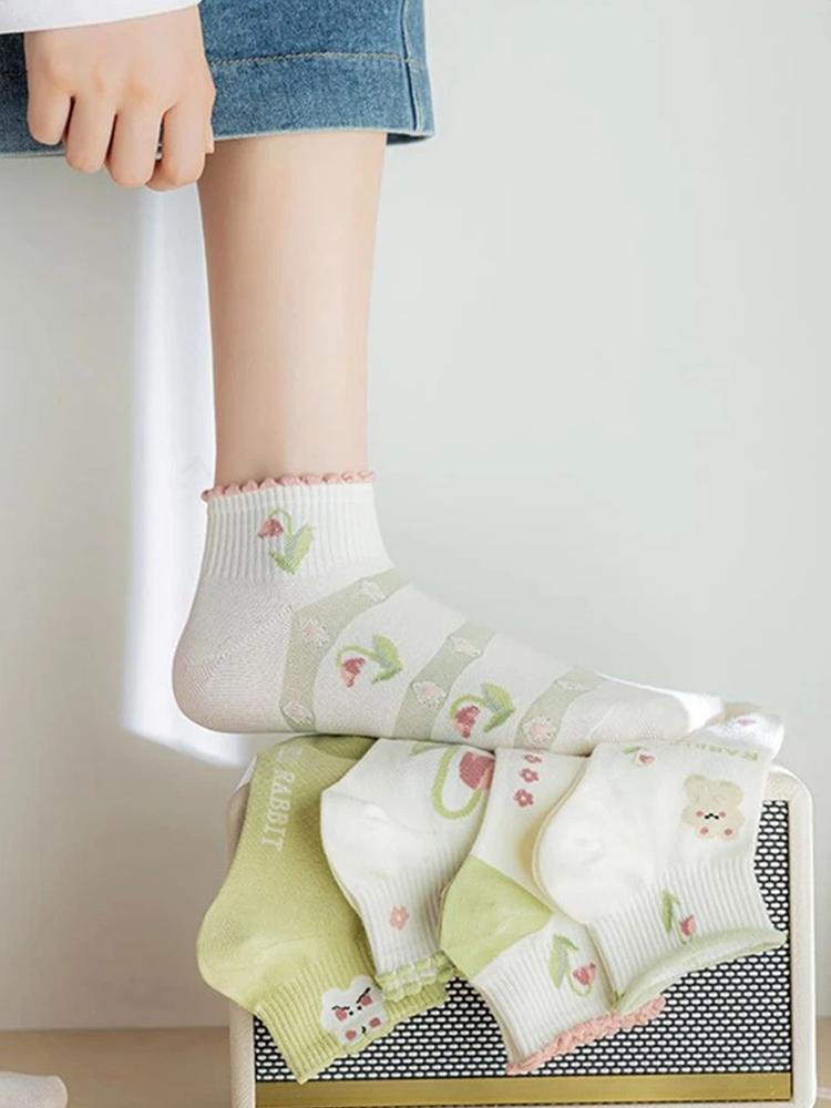 5 Pairs Women Floral Design Short Socks Fashionable Versatile Lace Socks Comfortable Sweat Absorbing Breathable Casual Socks
