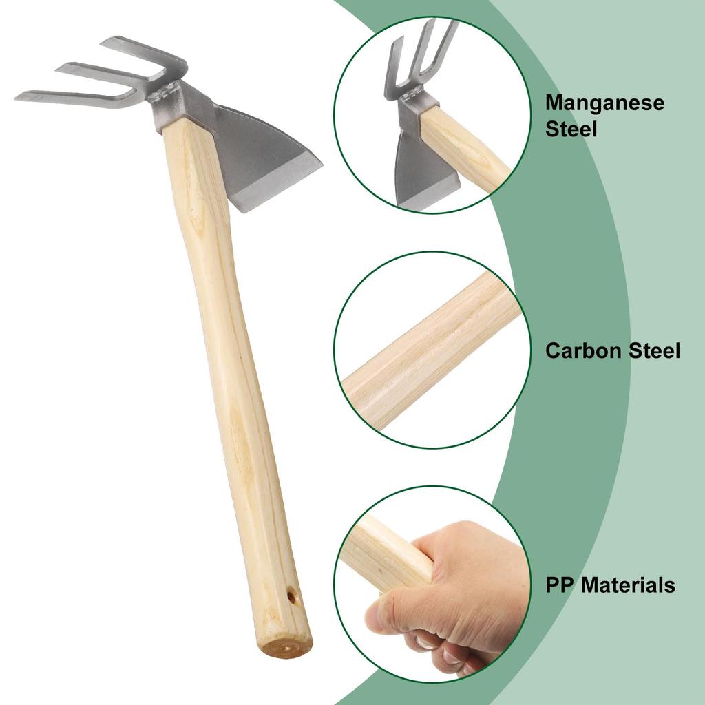 uxcell Garden Hoe and Steel Hoe with Wooden Lightweight Hand Tiller for and Weeding Cultivator, 15" Rust-Resistant, Non-Slip Handle, Backyard, Farm,