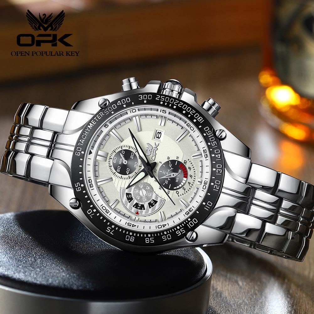 OPK Brand Men's Watch Fashion Multifunctional Calendar Quartz Waterproof Luminous Steel Strap 6020