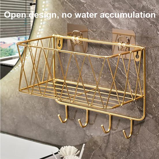 Bathroom Storage Rack with Hollow And Multi-Hook Design Basket Large Capacity Adhesive Installation Organizer for Home