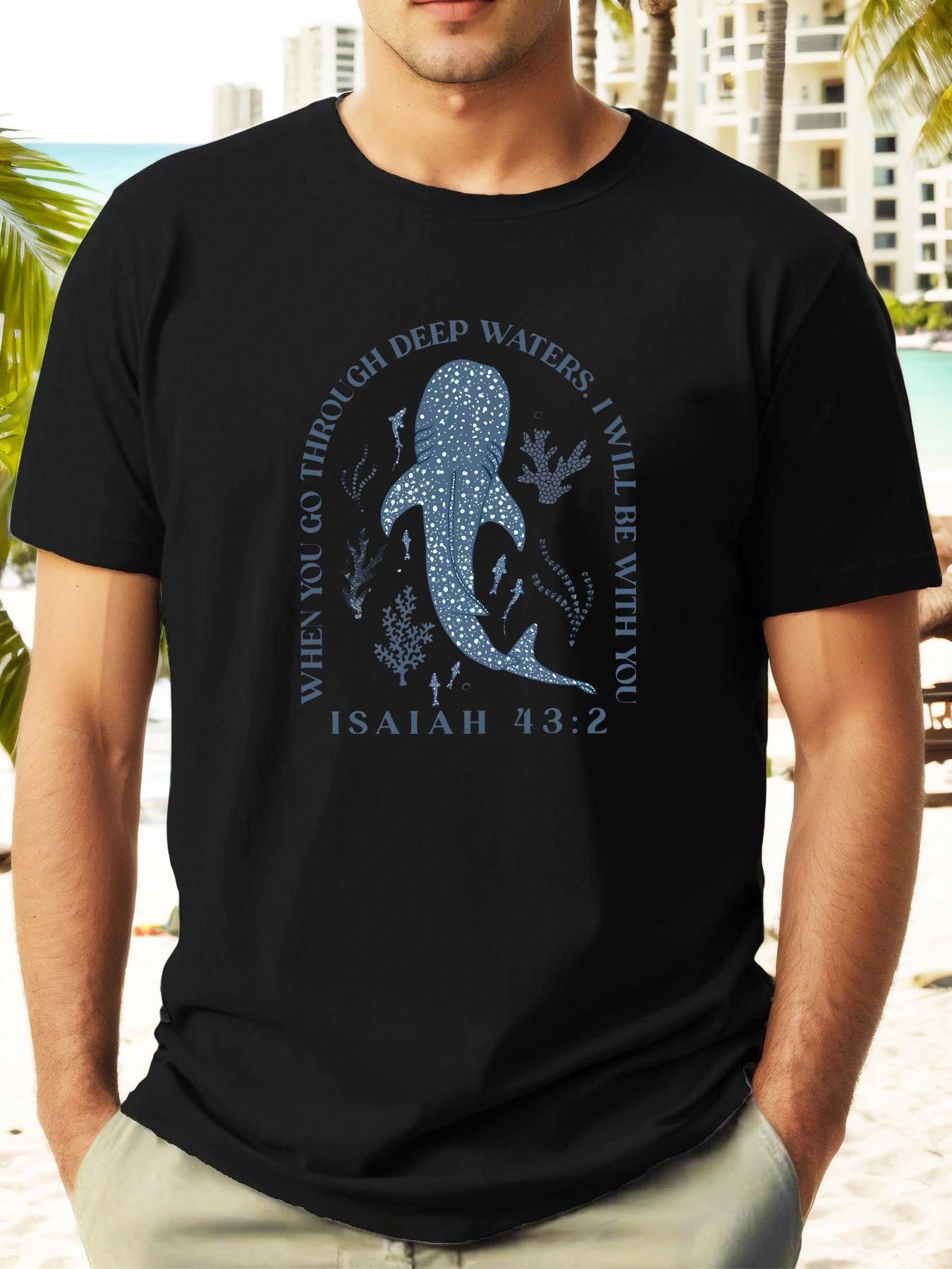 

T-shirt - Deep Blue Whale & Shark Print with Isaiah 43:2 Bible Verse S
